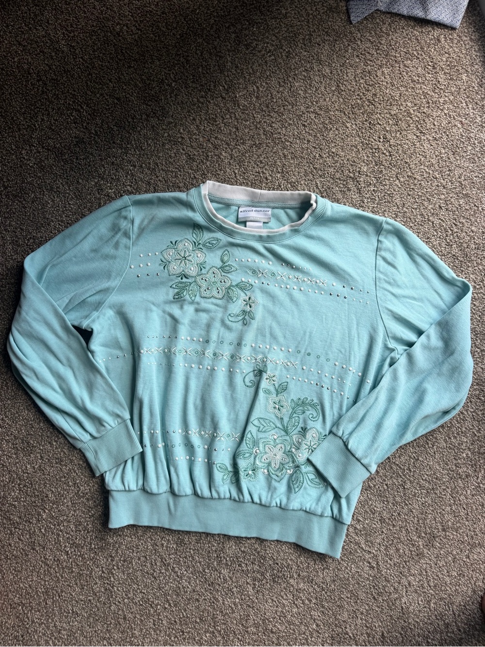 Alfred Dunner Mint Green Embroidered Floral Sweater